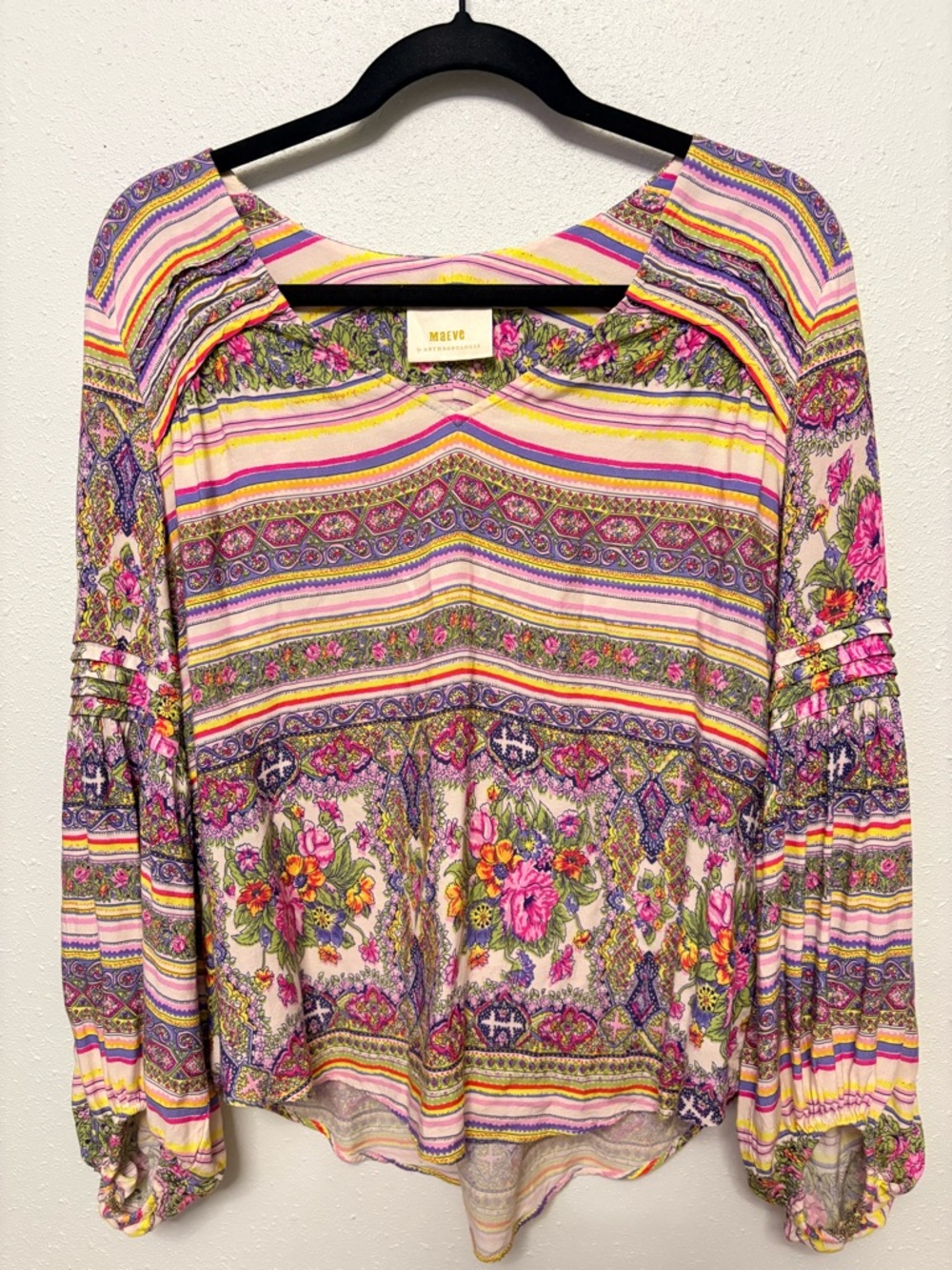 Mauve by Anthropologie Floral Stripe Boho Blouse - Pink, Purple, Yellow